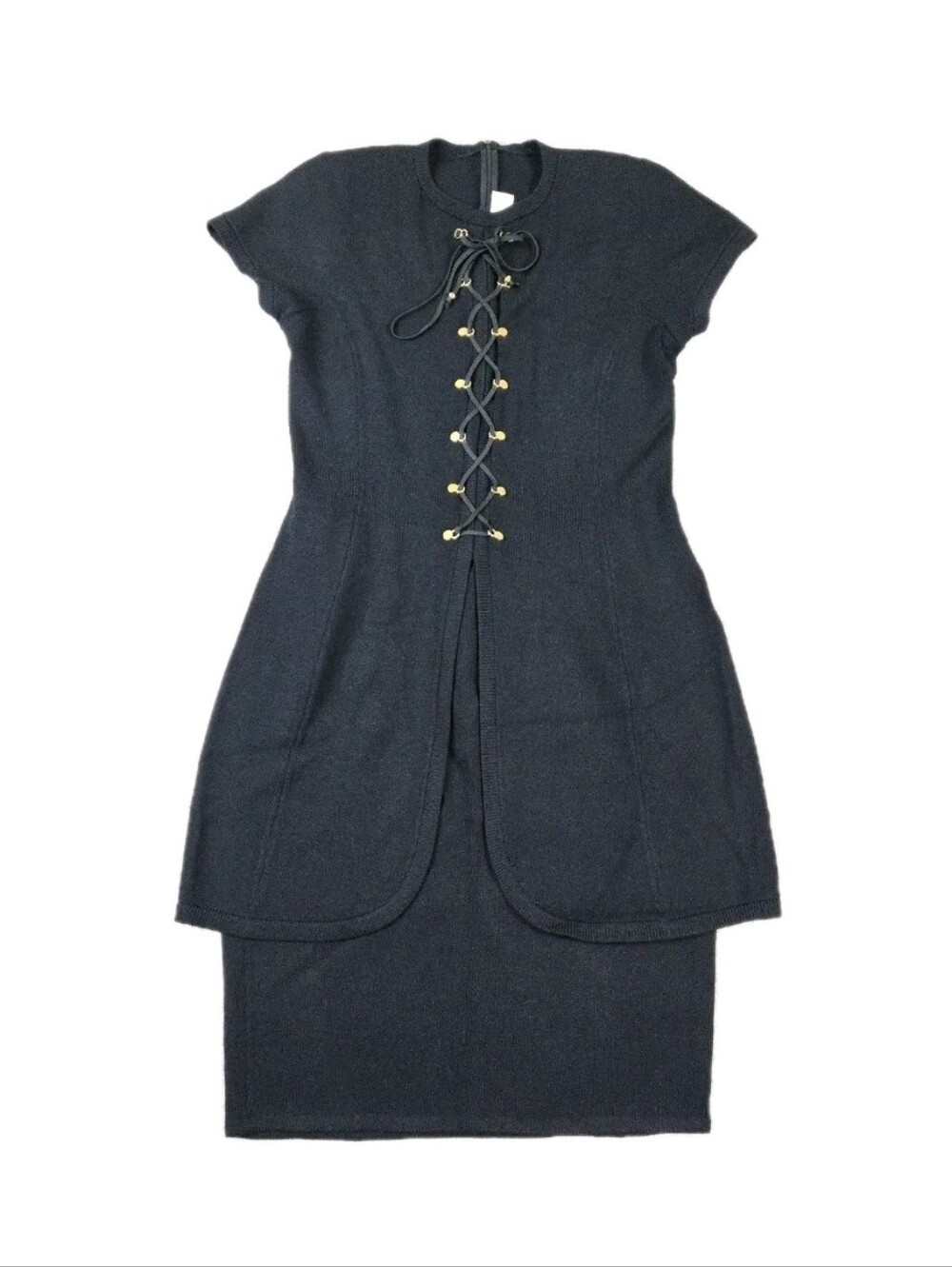 St John Marie Gray 2 Piece Set Tunic Top Skirt Black Santana Knit Gold Lace Up M